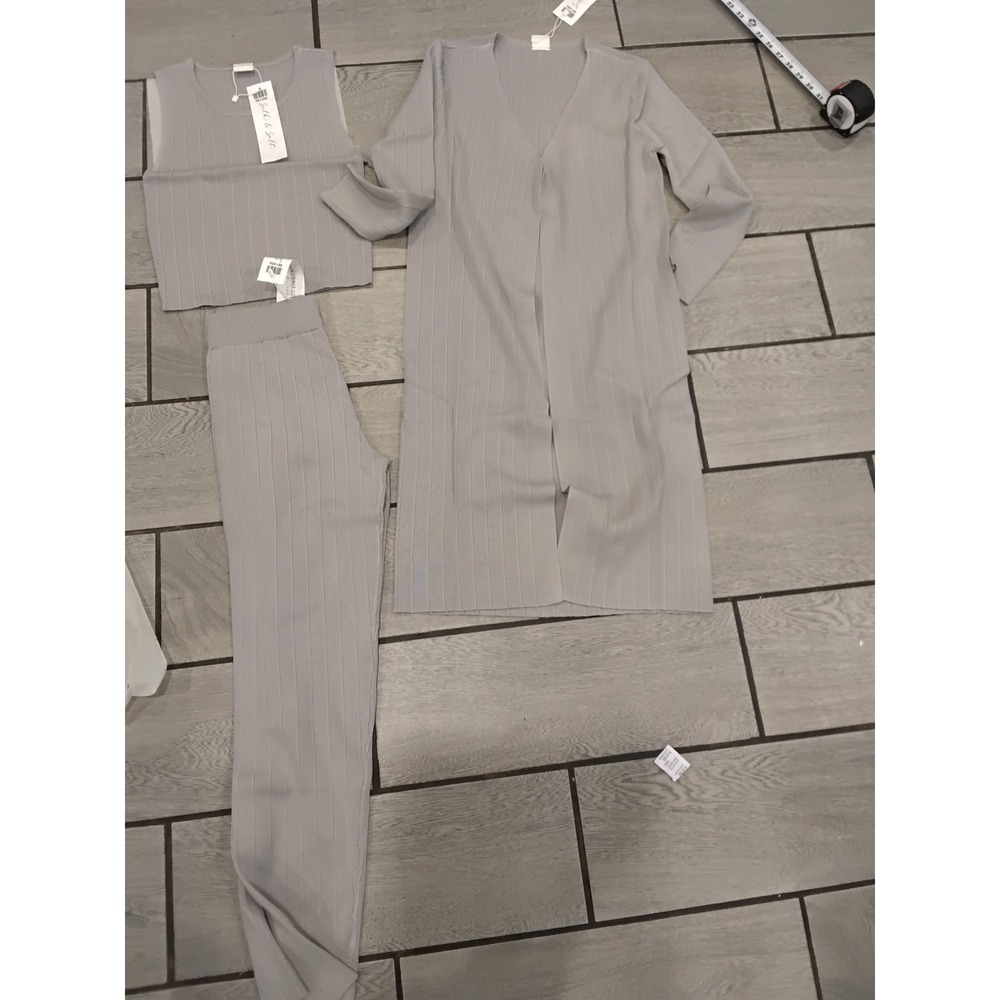 Silk & Salt Staycation 3-Piece Ribbed Knit Set Grey Cardigan Top Pants Small